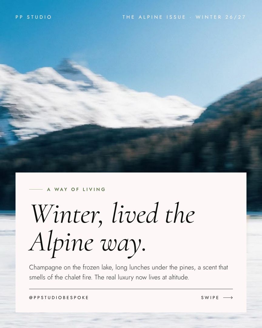 The Alpine Issue cover by PP Studio: snow-covered peaks above the frozen lake at St. Moritz
