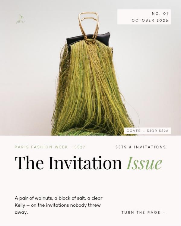 The Invitation Issue cover by PP Studio: a green raffia bag from the Dior show above the title The Invitation Issue
