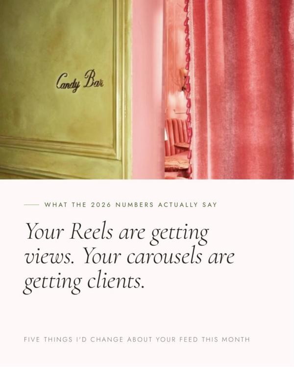 Journal cover by PP Studio: a green Candy Bar door and pink velvet curtain above the title Your Reels are getting views, your carousels are getting clients