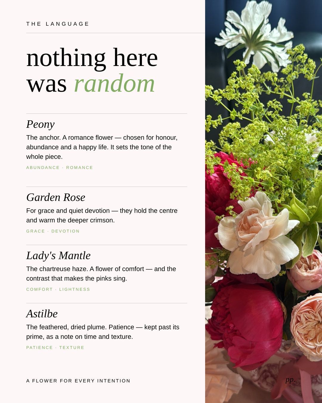 A flower for every intention: the meanings of peony, garden rose, lady's mantle and astilbe