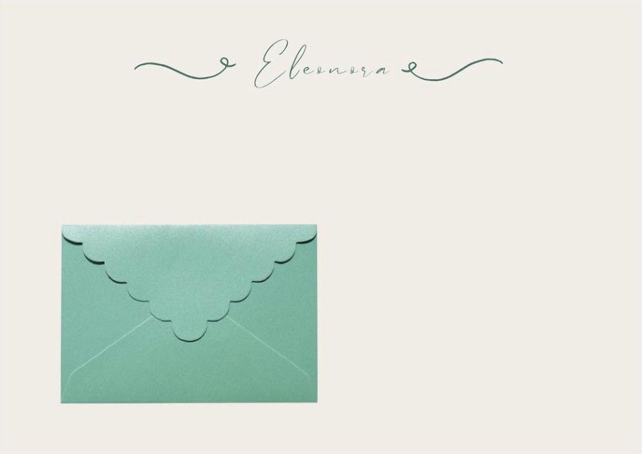 Eleonora personal stationery: a cream correspondence card with the name Eleonora in flowing script, and a mint envelope with a scalloped flap