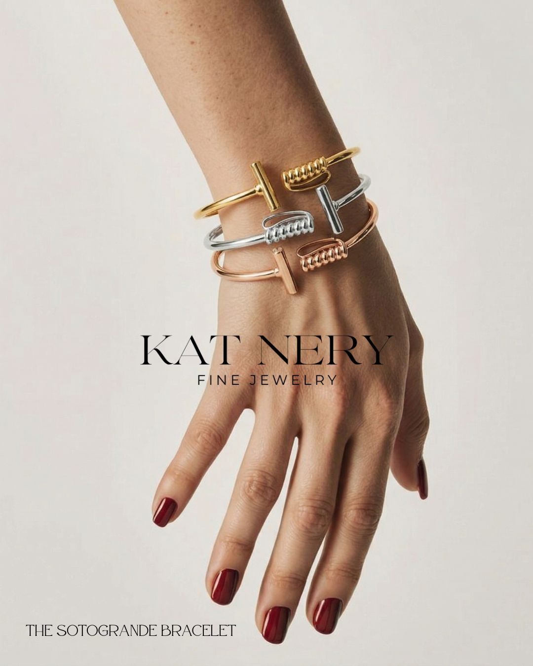 Kat Nery Fine Jewelry: the Sotogrande bracelet stacked in gold, silver and rose gold