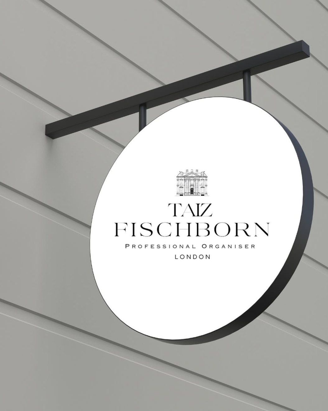 Taiz Fischborn brand identity: a townhouse illustration above the wordmark Taiz Fischborn, Professional Organiser, London, on a round hanging sign