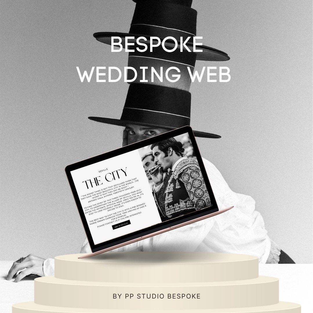 Bespoke wedding website by PP Studio for a wedding weekend in Seville, shown on a laptop: The City page in black and white editorial style
